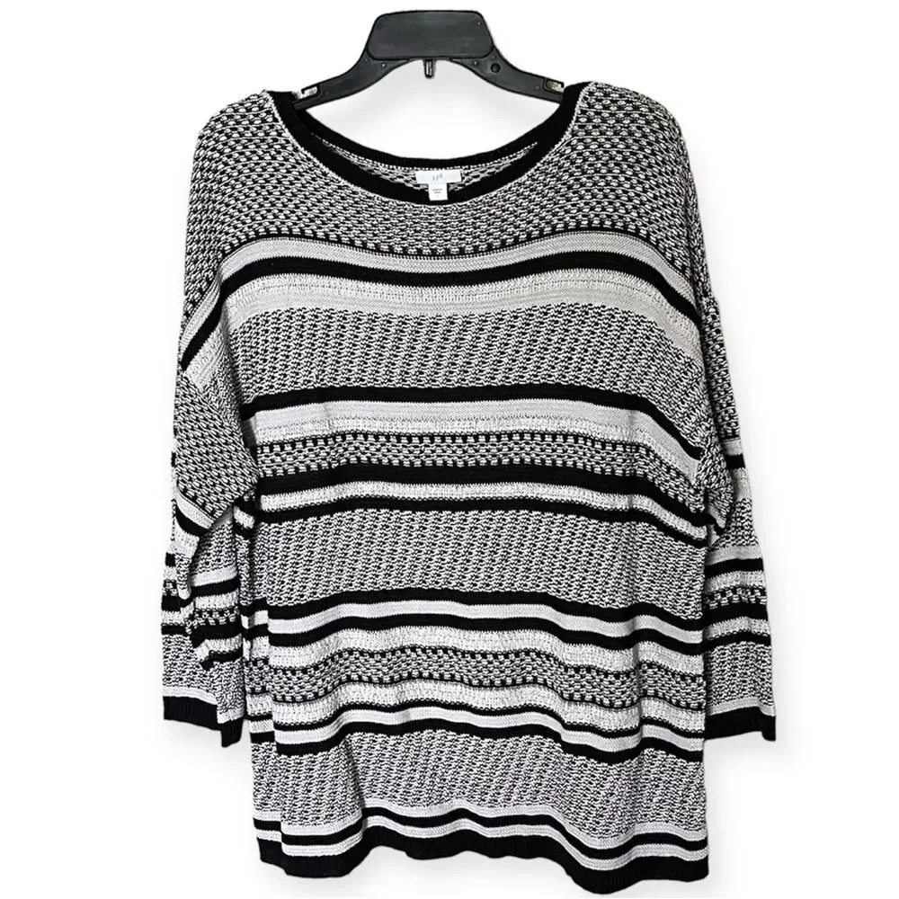 J. Jill Black and Cream Striped 3/4 Sleeve Oversized Chunky Knit Sweater Size L